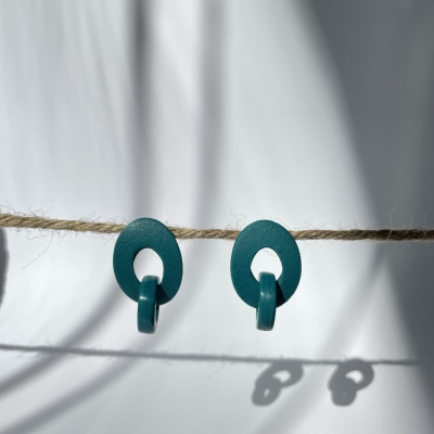handmade earrings from polymer clay, green pine abstract circles one inside the other, surgical steel backs