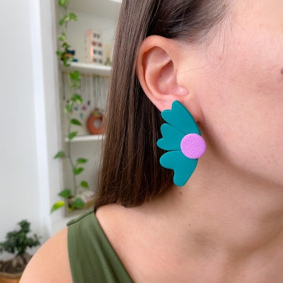 handcracted emerald abstract flower polymer clay earrings with surgical stainless steel backs