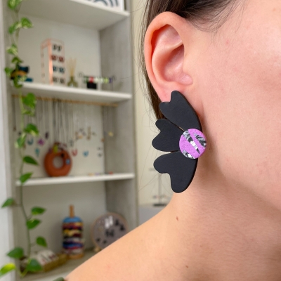 handcracted black abstract flower polymer clay earrings with surgical stainless steel backs