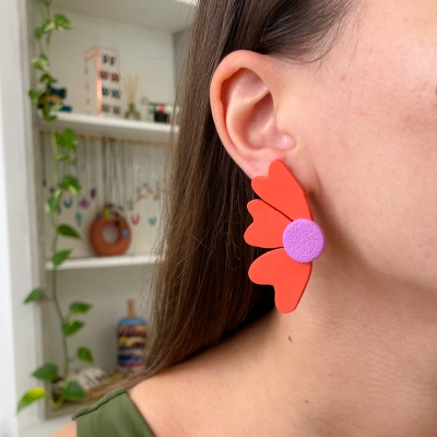 handcracted orange abstract flower polymer clay earrings with surgical stainless steel backs