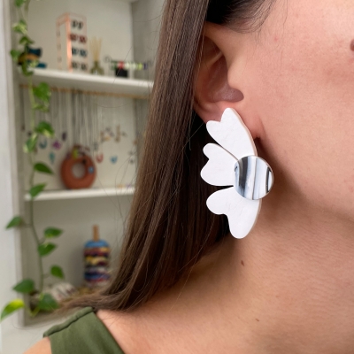 handcracted white abstract flower polymer clay earrings with surgical stainless steel backs