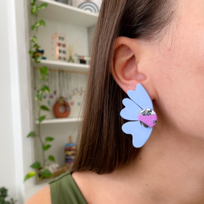 handcracted light blue abstract flower polymer clay earrings with surgical stainless steel backs