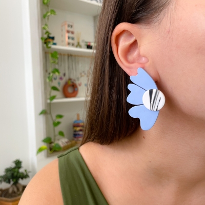 handcracted light blue abstract flower polymer clay earrings with surgical stainless steel backs