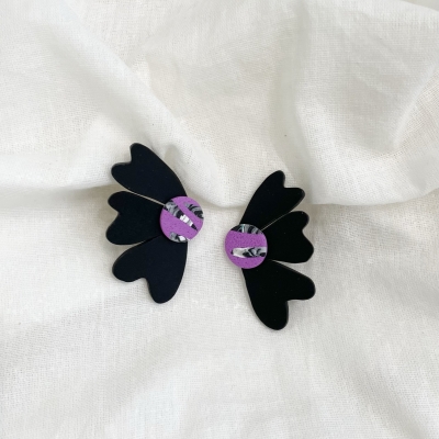 handcracted black abstract flower polymer clay earrings with surgical stainless steel backs