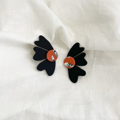 handcracted black abstract flower polymer clay earrings with surgical stainless steel backs