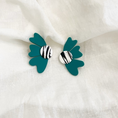 handcracted emerald abstract flower polymer clay earrings with surgical stainless steel backs