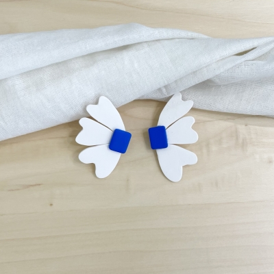 handcracted white abstract flower polymer clay earrings with surgical stainless steel backs