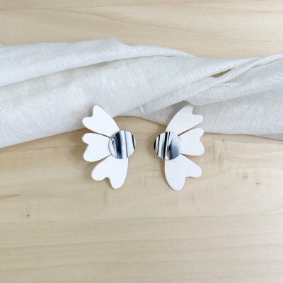 handcracted white abstract flower polymer clay earrings with surgical stainless steel backs