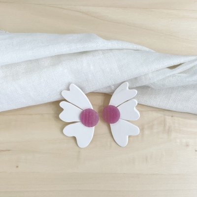 handcracted white abstract flower polymer clay earrings with surgical stainless steel backs