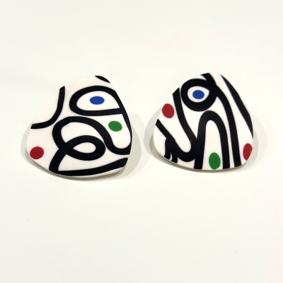 Abstract triangle shape polymer clay earrings white with black lines and colorful dots