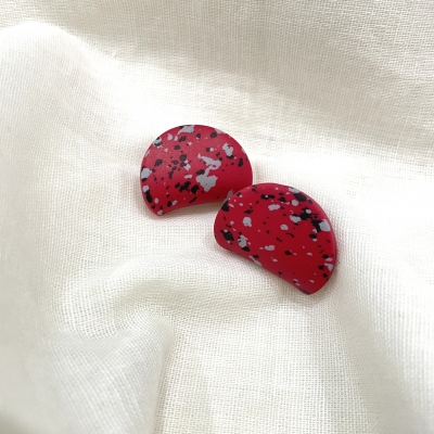 Red with black and grey dots Carved polymer clay earrings 