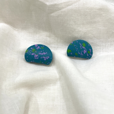 Teal with green and lilac dots Carved polymer clay earrings 