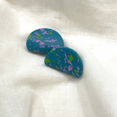 Teal with green and lilac dots Carved polymer clay earrings 