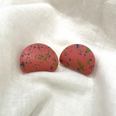 Peach with green and teal dots Carved polymer clay earrings 