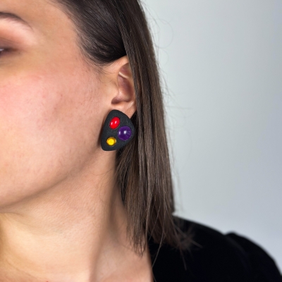 Handmade black polymer clay earrings with semiprecious stones