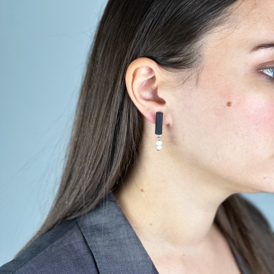 Handmade black polymer clay earrings with white semiprecious stones