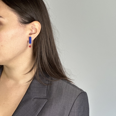 Handmade blue polymer clay earrings with red semiprecious stones