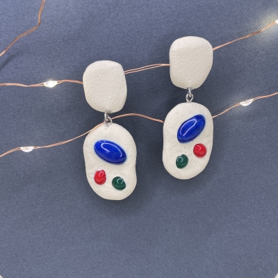 Handmade dangle polymer clay earrings cream colour with semiprecious stones