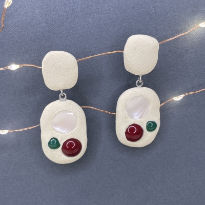 Handmade dangle polymer clay earrings cream colour with semiprecious stones