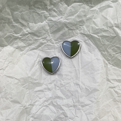 Heart shape polymer clay earrings green and light blue color with silver frame and stainless steel back