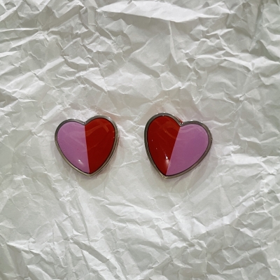 Heart shape polymer clay earrings red and pink color with silver frame and stainless steel back