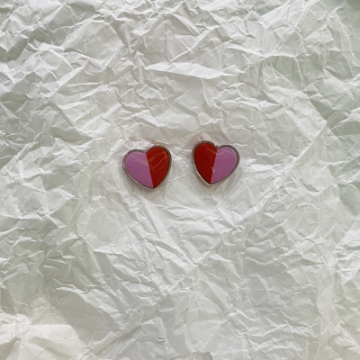 Heart shape polymer clay earrings red and pink color with silver frame and stainless steel back