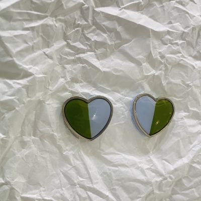 Heart shape cpolymer clay earrings green and light blue color with silver frame and stainless steel back