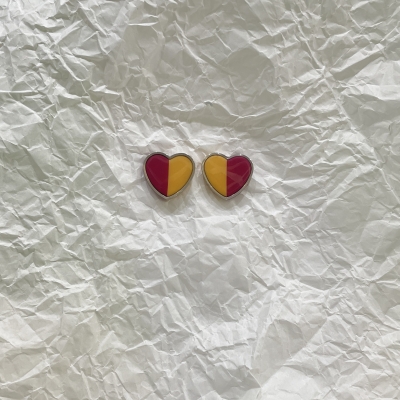 Heart shape polymer clay earrings peach and burgundy color with silver frame and stainless steel back