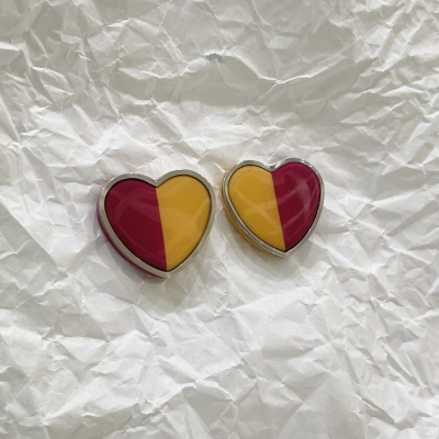 Heart shape polymer clay earrings peach and burgundy color with silver frame and stainless steel back