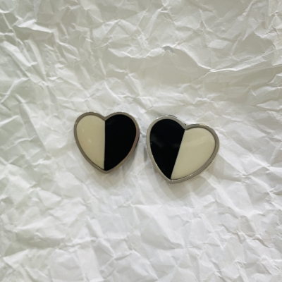 Heart shape polymer clay earrings black and beige color with silver frame and stainless steel back