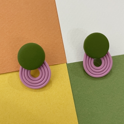 Polymer clay earrings green little circle with pink stripes