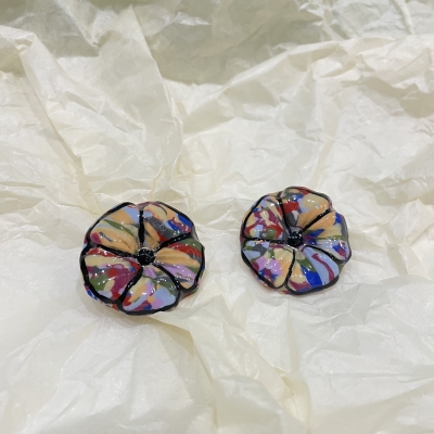 Handmade polymer clay earrings multicolour flower shape shiny surface with stainless steel back