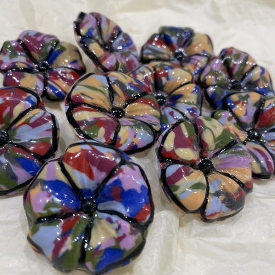 Handmade polymer clay earrings multicolour flower shape shiny surface with stainless steel back