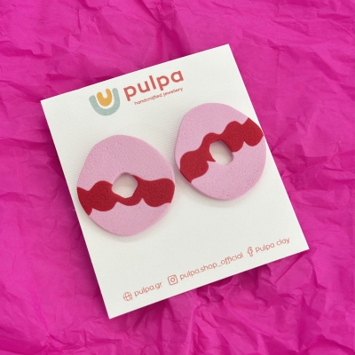 Abstract shape polymer clay and earrings with pink and red color