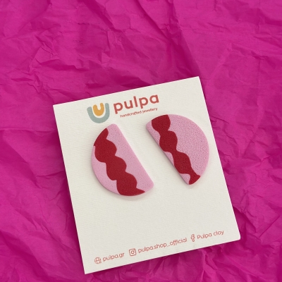 Half circle shape polymer clay and earrings with pink and red color