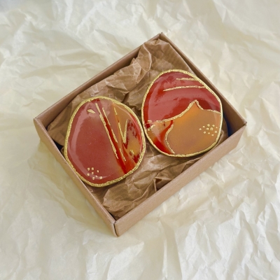 Abstract shape polymer clay earrings with sunset colors and gold details