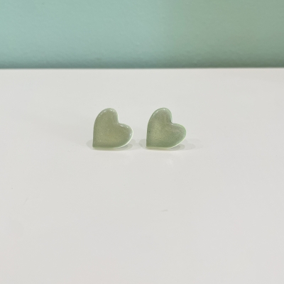 Little sparkly light green heart shape polymer clay earrings, stainless steel back