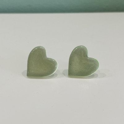Little sparkly light green heart shape polymer clay earrings, stainless steel back