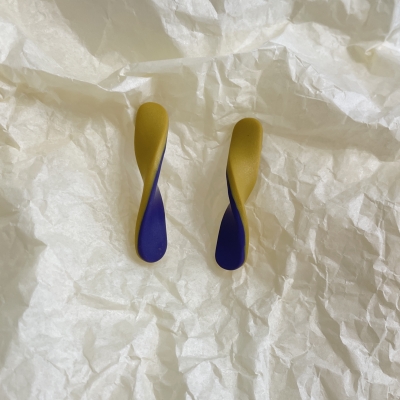 Polymer clay earrings gold yellow and purple color with stainless steel steel backs