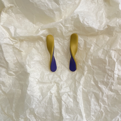 Polymer clay earrings gold yellow and purple color with stainless steel steel backs