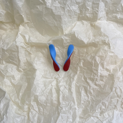 Polymer clay earrings blue and deep red color with stainless steel steel backs