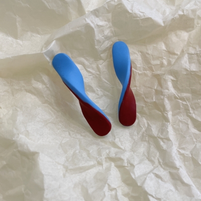 Polymer clay earrings blue and deep red color with stainless steel steel backs