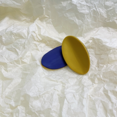 Polymer clay earrings oval shape gold yellow and purple colour with stainless steel steel backs