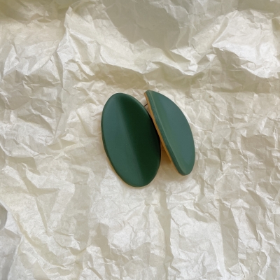 Polymer clay earrings oval shape green and orange colour with stainless steel backs