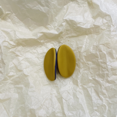 Polymer clay earrings oval shape gold yellow and purple colour with stainless steel steel backs
