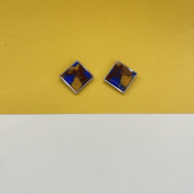 Square shape polymer clay earrings with brown color and metallic silver frame